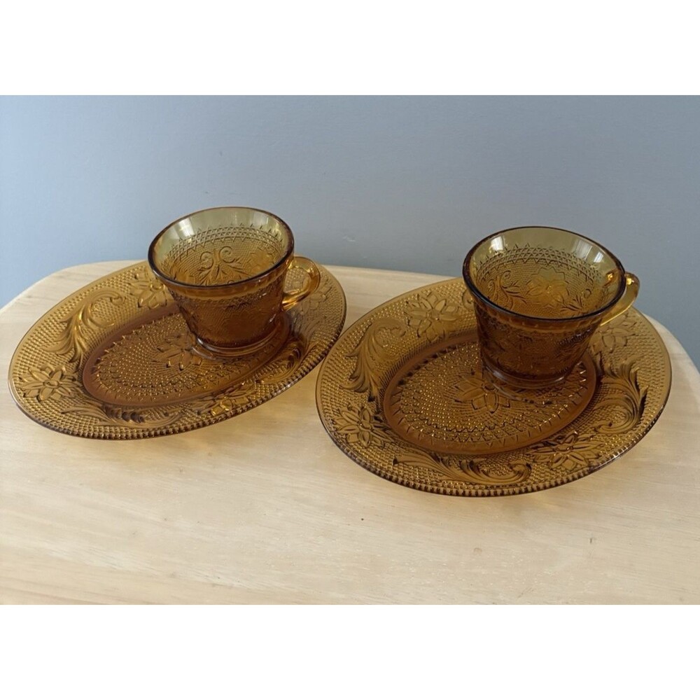 Vintage Tiara Indiana Glass Amber Sandwich Snack Plate & Cup Set x2 Oval
